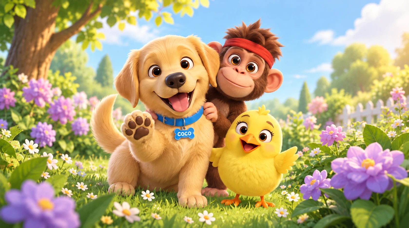 Coco, Bonz and Chicky playing peekaboo in a sunny garden